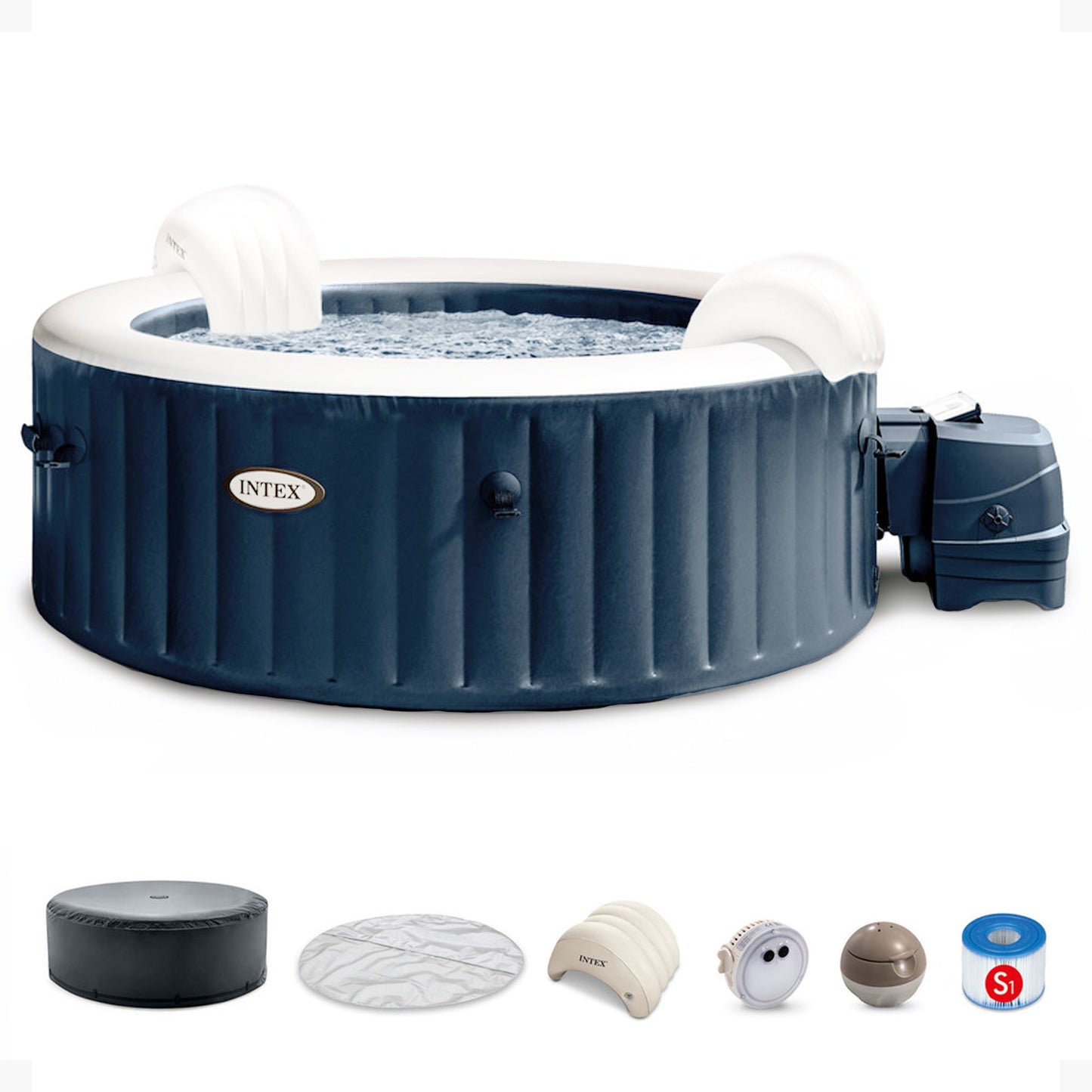 Intex PureSpa Plus 6 Person Inflatable Round Hot Tub Set with 170 AirJets, Blue