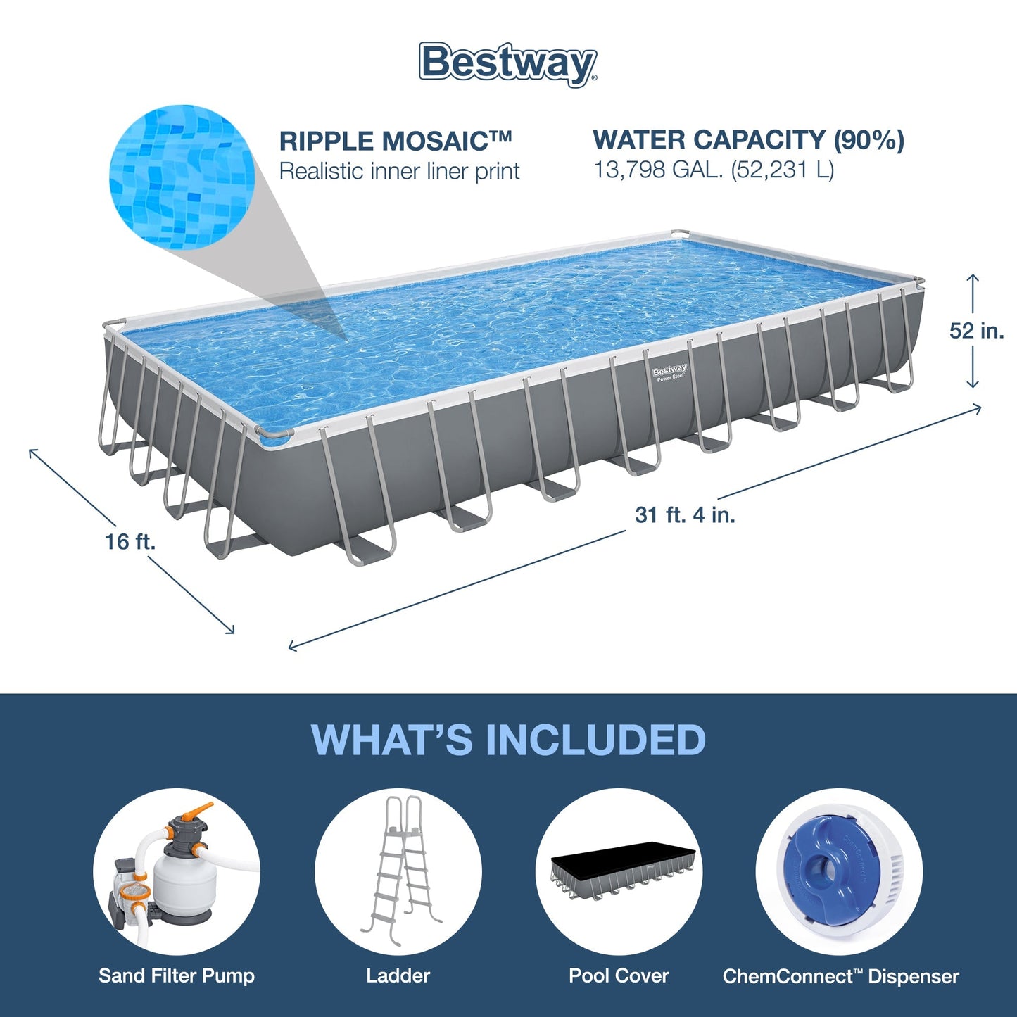 Bestway Power Steel 31'4" x 16' x 52" Rectangular Above Ground Swimming Pool Set